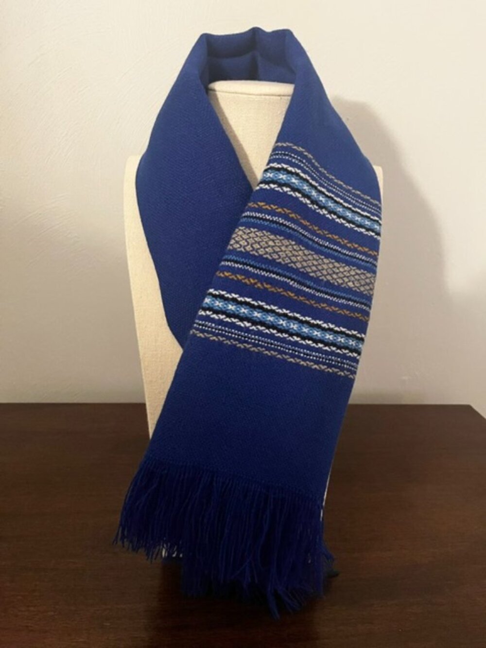 Vintage Woven Scarf Wrap Fringe Cobalt Blue Stitched Border